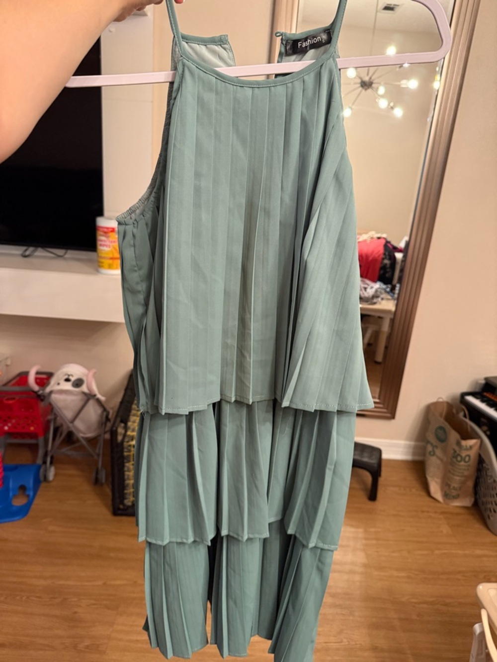Pleated Tiered Sage Green Sleeveless Dress